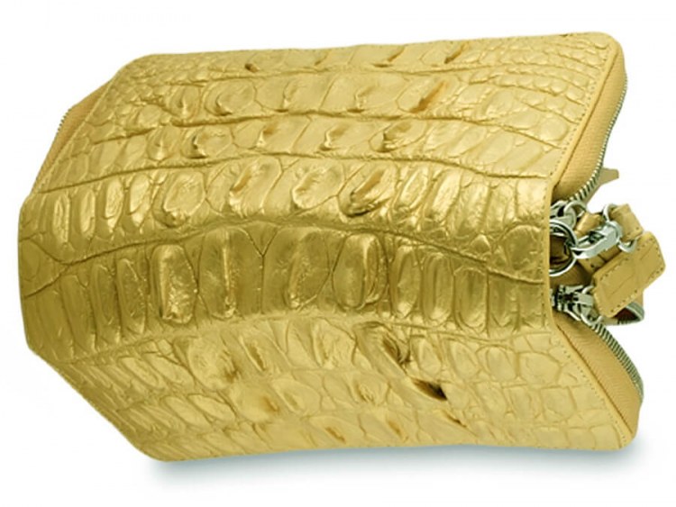Золотой мужской клатч на 2-х молниях из настоящей кожи крокодила