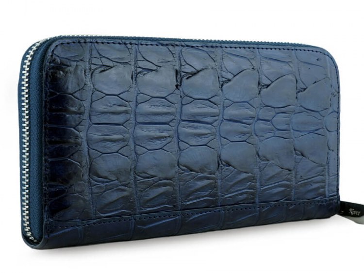 Мужской лопатник на молнии из натуральной крокодиловой кожи Navy Blue