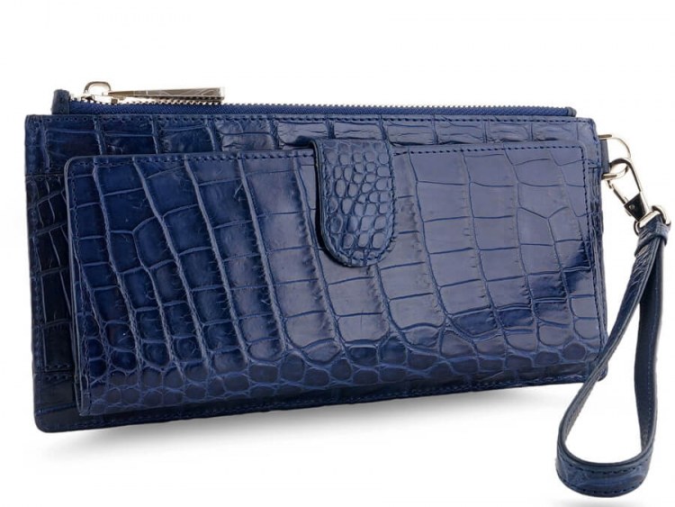 Стильное портмоне-клатч из натуральной кожи крокодила Navy Blue