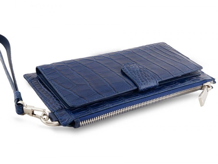 Стильное портмоне-клатч из натуральной кожи крокодила Navy Blue