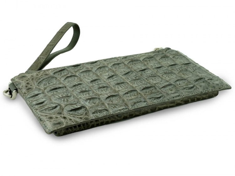 Стильное портмоне с петлей на карабине из кожи крокодила Taupe Green