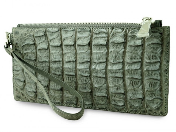 Стильное портмоне с петлей на карабине из кожи крокодила Taupe Green