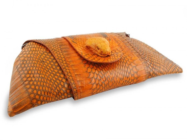 Оригинальный женский клатч на цепочке из кожи кобры Orange